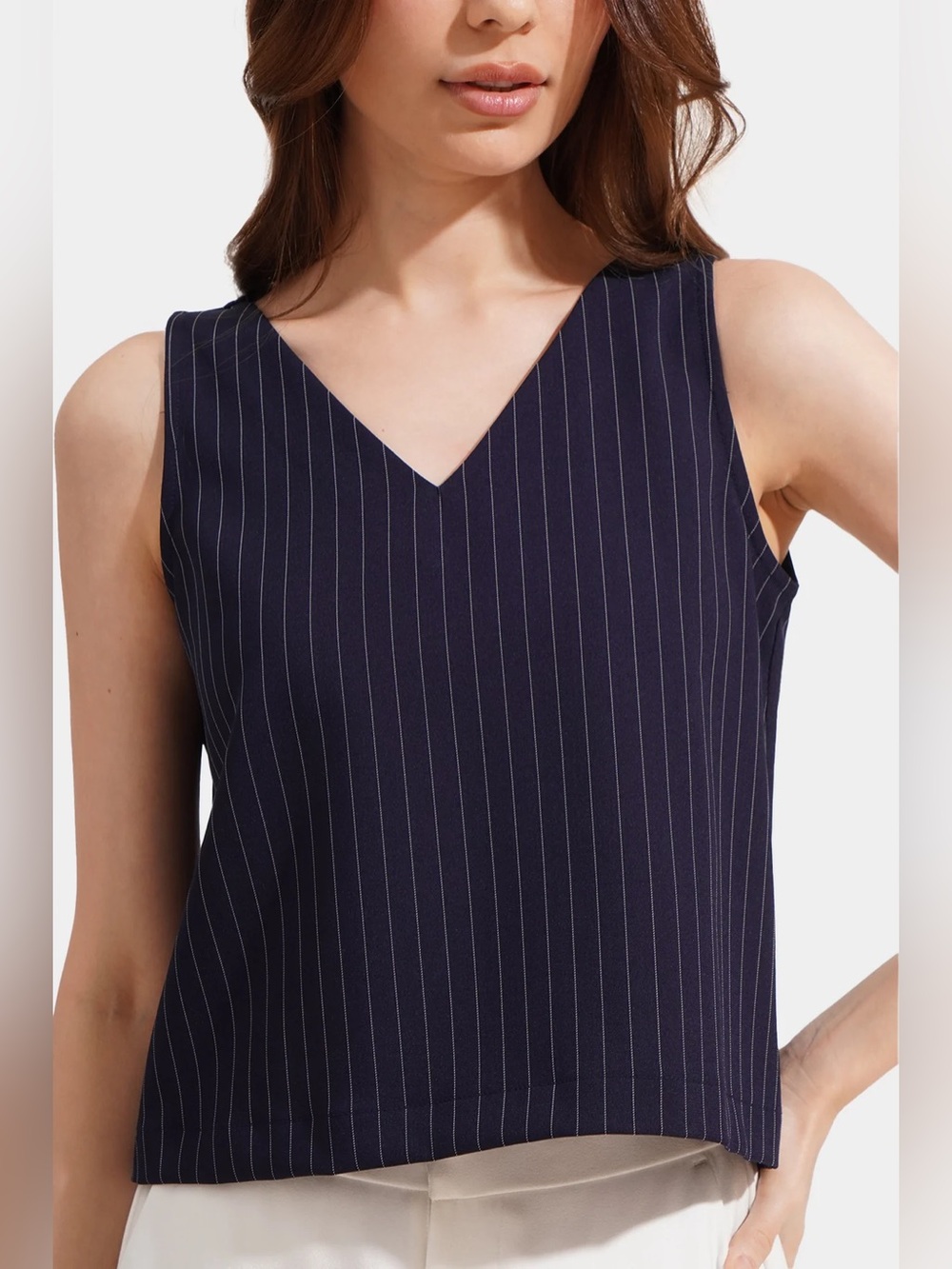 Babaton Navy and White Pinstripe V-Neck Tank